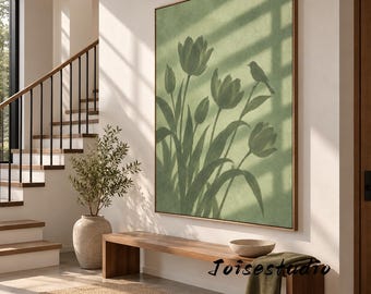 Impasto Oil Painting Tulips and Bird, Sage Green Floral Wall Art, Minimalist Botanical Textured Canvas Print