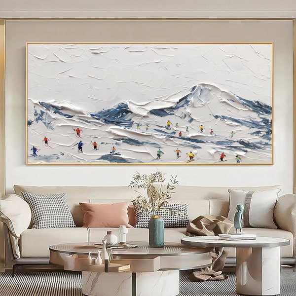 Original Ski Sport Gemälde auf Leinwand personalisierte Geschenk Skifahrer auf verschneiten Berg Kunst weißer Schnee Skifahren Kunst verschneite Berge Kunst Winter Decor