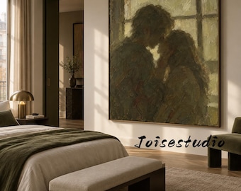 Impasto Oil Painting of Quiet Lovers Embrace, Muted Earth Tone Figurative Wall Art, Textured Palette Knife Couple Canvas Painting