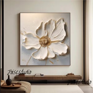 Large 3D Flower Oil Painting On Canvas,White Texture Flower Painting,Hand Painted Modern Art,Beige Texture Floral Wall Art Living Room Decor