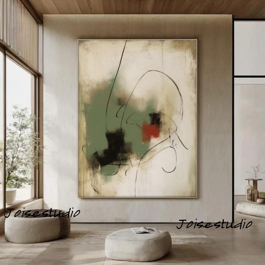Large Green Abstract Canvas Painting, Modern Beige Wall Art - Etsy