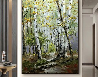 オリジナルの白樺の木の油絵：緑の森の風景画 - Etsy 日本