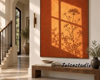 Large  Terracotta Impasto Botanical Oil Painting, Warm Sunset Window Shadow Canvas Wall Art