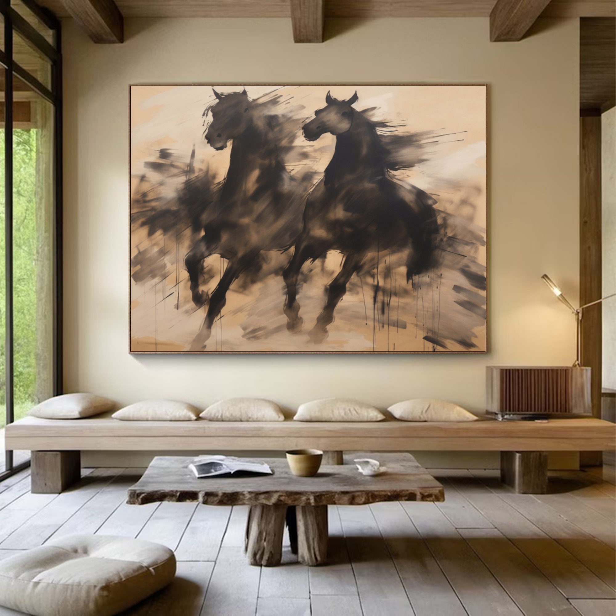 キャンバスに描かれた質感のある馬の絵画：ベージュブラウンの大きな
