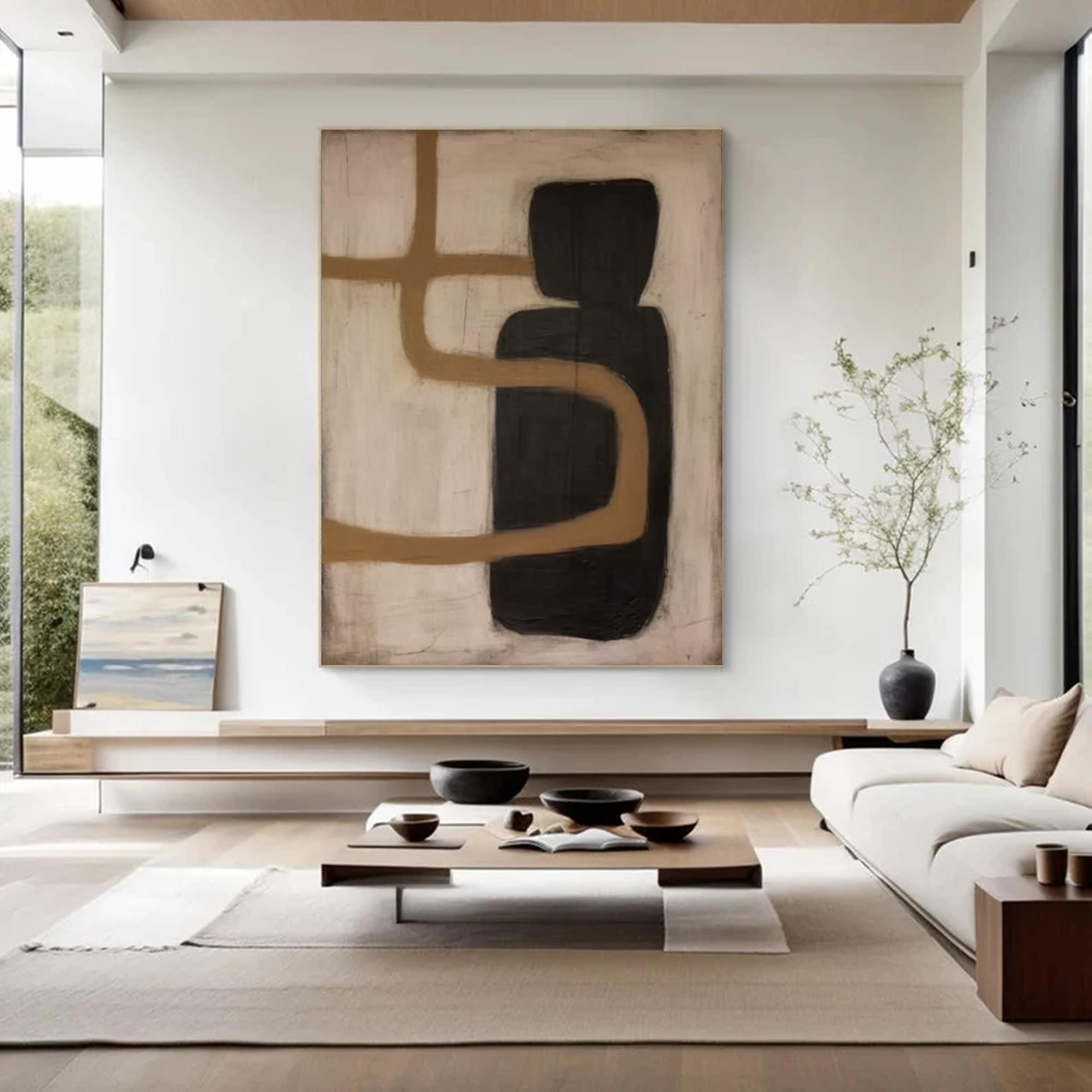 Beige 3D Textured Plaster Painting: Minimalist Wabi Sabi Wall Art