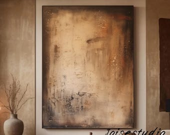 Könnte beinhalten: Abstraktes Kunstwerk in neutralen Tönen mit einer strukturierten Oberfläche in Beige-, Braun- und Schwarztönen. Das Gemälde zeigt sichtbare Pinselstriche und einen Used-Effekt, eingerahmt in einem dunklen Rahmen. Das Kunstwerk ist an einer Wand montiert.