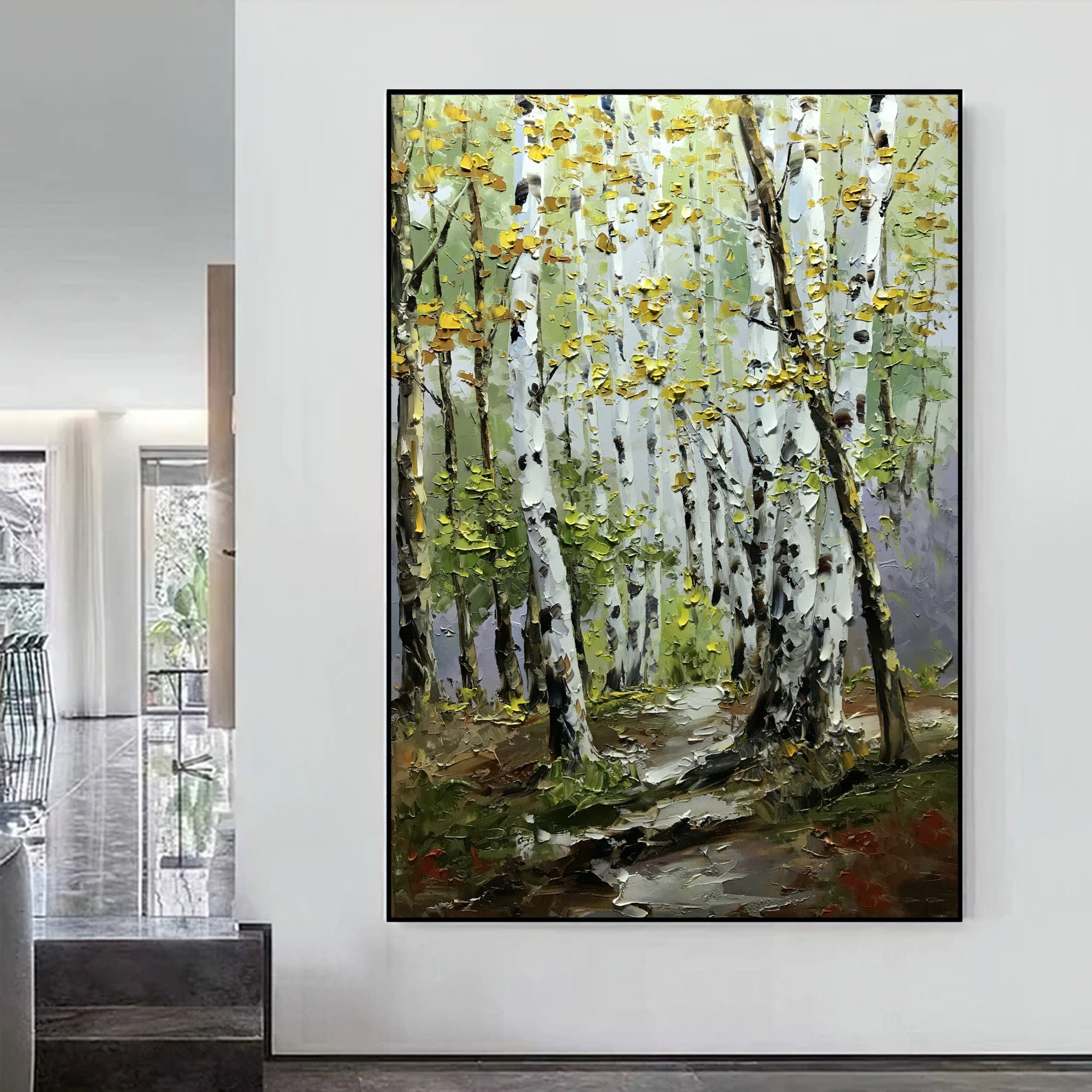 【真作】絵画　梶原貫五　油彩10号　夏の白樺　雄大な木々と田園風景　V39 真作】絵画 梶原貫五 油彩10号 夏の白樺 雄大な木々と田園風景 V39 真