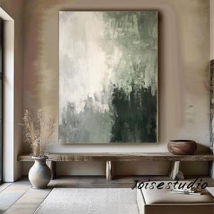 Large green abstract canvas oil painting, green minimalist wall painting, large beige abstract handmade painting, modern living room decor