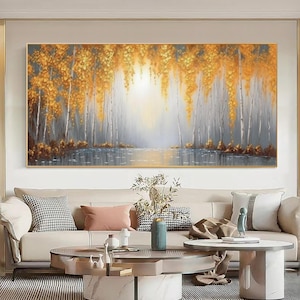 Textured Gold Tree Oil Painting On Canvas: 3D Forest Wall Art