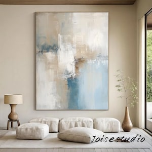 Oversized blue abstract painting, white textured painting, beige minimalist painting, minimalist art, blue wall decoration Minimalist Art