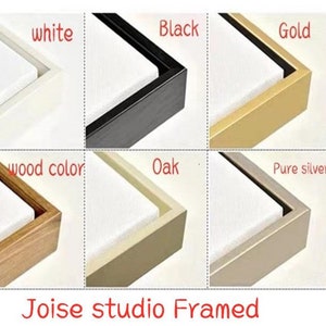 May include: A collection of framed canvas samples in various colors. The frames are shown in white, black, gold, wood color, oak, and pure silver. The text "Joise studio Framed" is at the bottom.