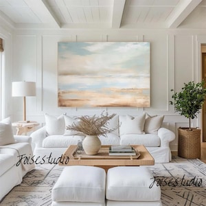 Grande dipinto astratto sull&#39;oceano blu: originale dipinto ad olio su tela con paesaggio del cielo