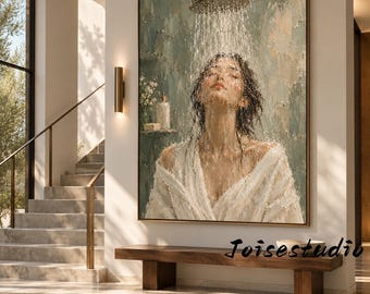 Bathing Woman Oil Painting, Bathroom Wall Decor, Muted Teal Figurative Canvas, Thick Textured Female Portrait, Hand Painted Neutral Home Art