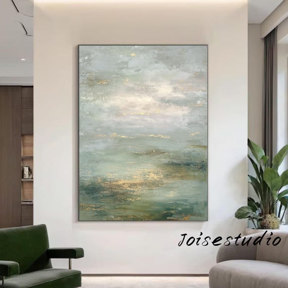 大きなグリーン＆ゴールドの抽象画、テクスチャキャンバスウォール