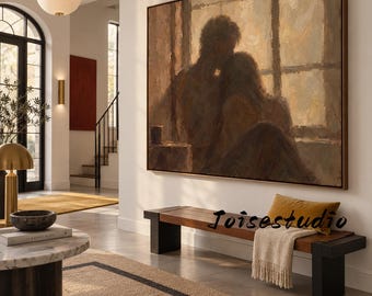 Impasto Palette‑Knife Oil Painting of Soft Kissing Couple by Sunlit Window, Muted Warm Umber‑Ochre Figurative Wall Art,