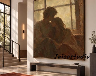 Vintage Impasto Oil Wall Art, Gentle Couple Kiss Beneath Sunlit Window, Muted Olive Earth‑Tone Figurative Canvas,