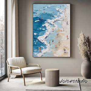 Original Blue Sea Abstract Oil Painting: White Waves Texture, Large Canvas Art