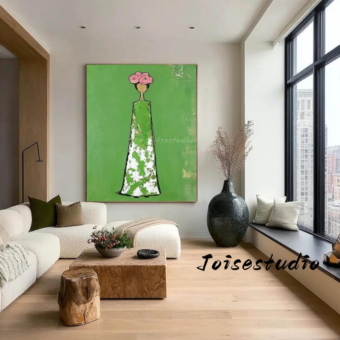 Large Textured Abstract Woman Figure, Green Oil Painting, Wabi Sabi ...