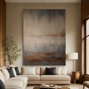 Grande peinture abstraite marron et bleue, peinture minimaliste marron, art wabi sabi, art mural beige, peinture texturée 3D, art mural abstrait marron