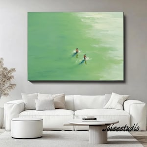 green abstract art, two girls swimming painting, green texture painting, green wall art, green minimalist art, horizontal custom work gift