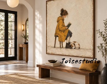 Textured Vintage Figurative Painting, Japandi Neutral Square Print, Girl Reading Book with Sleeping Puppy Wabi Sabi Wall Art