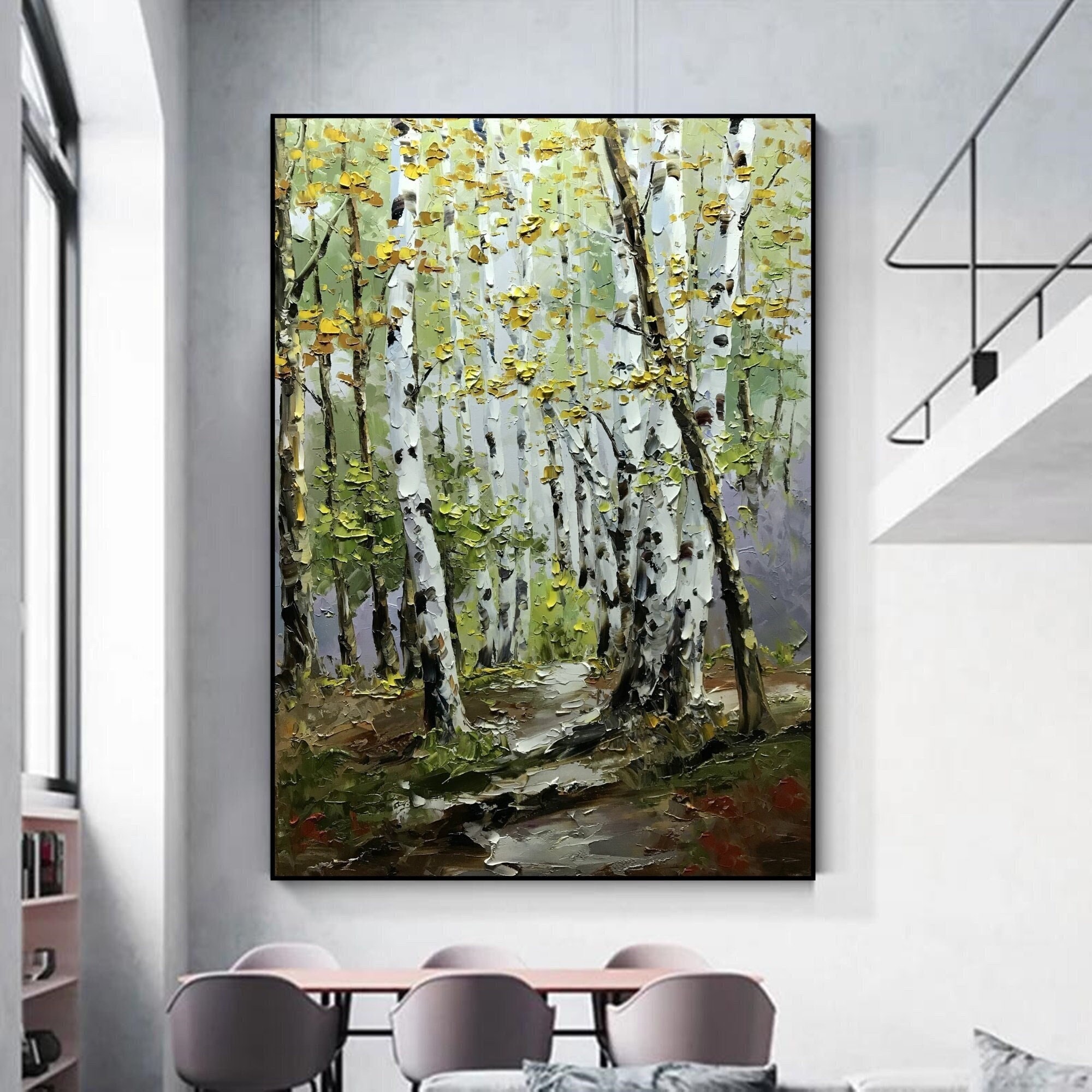 オリジナルの白樺の木の油絵：緑の森の風景画 - Etsy 日本