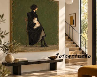 Dark Green Muted Tone Wall Art, Elegant Woman in Black Coat Holding White Cat, Antique Style Art Poster