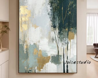 Vintage Green Forest Landscape Painting: Abstract Tree Canvas Art