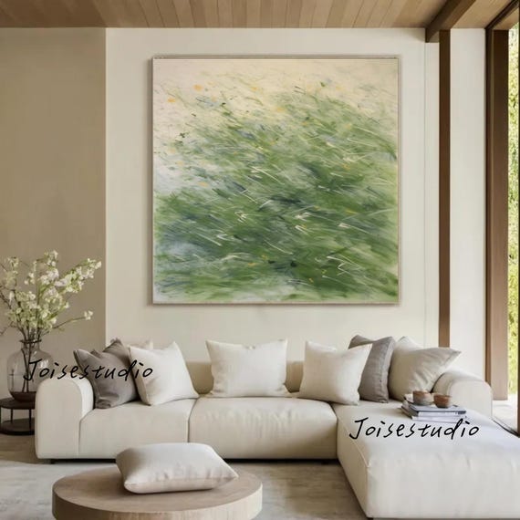 Abstract Green Beige Painting, Wabi Sabi Wall Art, Textured Canvas