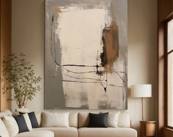 Large Beige Abstract Painting: Minimalist Brown Wall Art