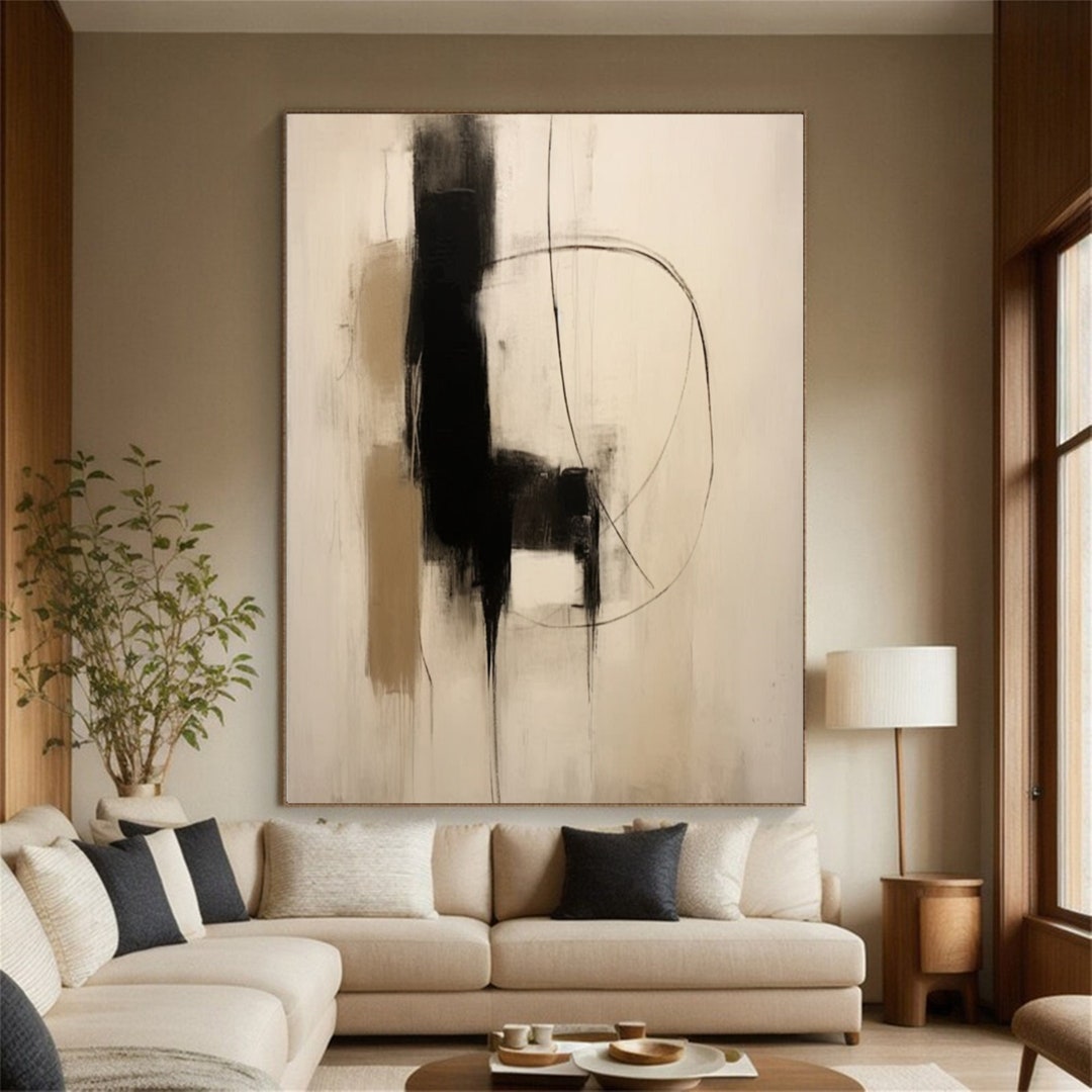 Black Beige Abstract Painting: Large Minimalist Scandinavian Wall Art ...
