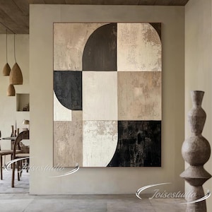 Large Beige Abstract Oil Painting: Minimal Scandinavian Wall Art