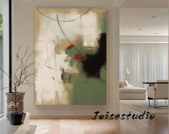 Oversized Beige Green Abstract Canvas Art, Nordic Simple Bedroom Wall Hanging