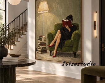 Woman Reading Oil Painting, Mid-Century Modern Wall Art, Hand-Painted Figurative Decor