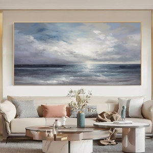 Large Original Dark Blue Ocean Abstract Painting On Canvas Blue Painting Gray painting Sky Landscape Painting Original Coastal Painting