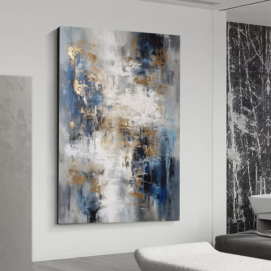 Large Original Grey Blue Gold Abstract Painting Large Gray &gold