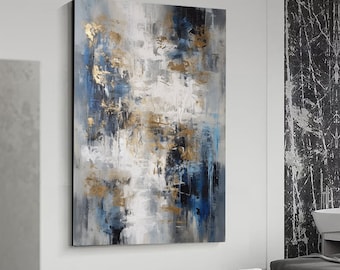 Large Grey & Gold Abstract Painting: Minimalist Texture Wall Art
