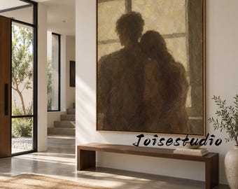 Impasto Palette‑Knife Oil Painting of Couple Silhouette by Window, Warm Muted Brown Figurative Wall Art