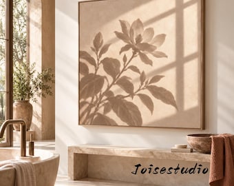 Original Flower Oil PaintingPalette Knife Plant Canvas Art, Neutral Leaf Wall Decor, Mid Century Modern Living Room Wall Art