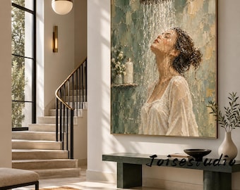 Woman in Shower Painting, Bathroom Wall Art, Sage Green Figurative Canvas, Textured Female Portrait, Hand Painted Modern Decor