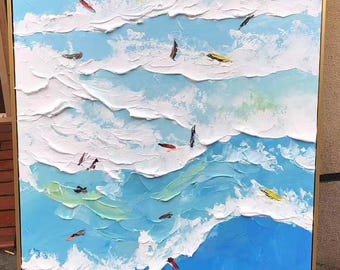 オリジナル抽象サーフィン油絵：青い海の波アート - Etsy 日本