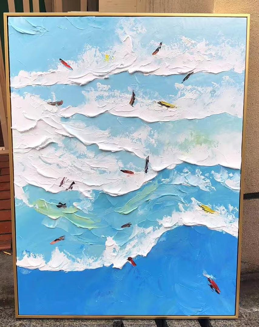Original Abstract Surfing Oil Painting: Blue Ocean Waves Art
