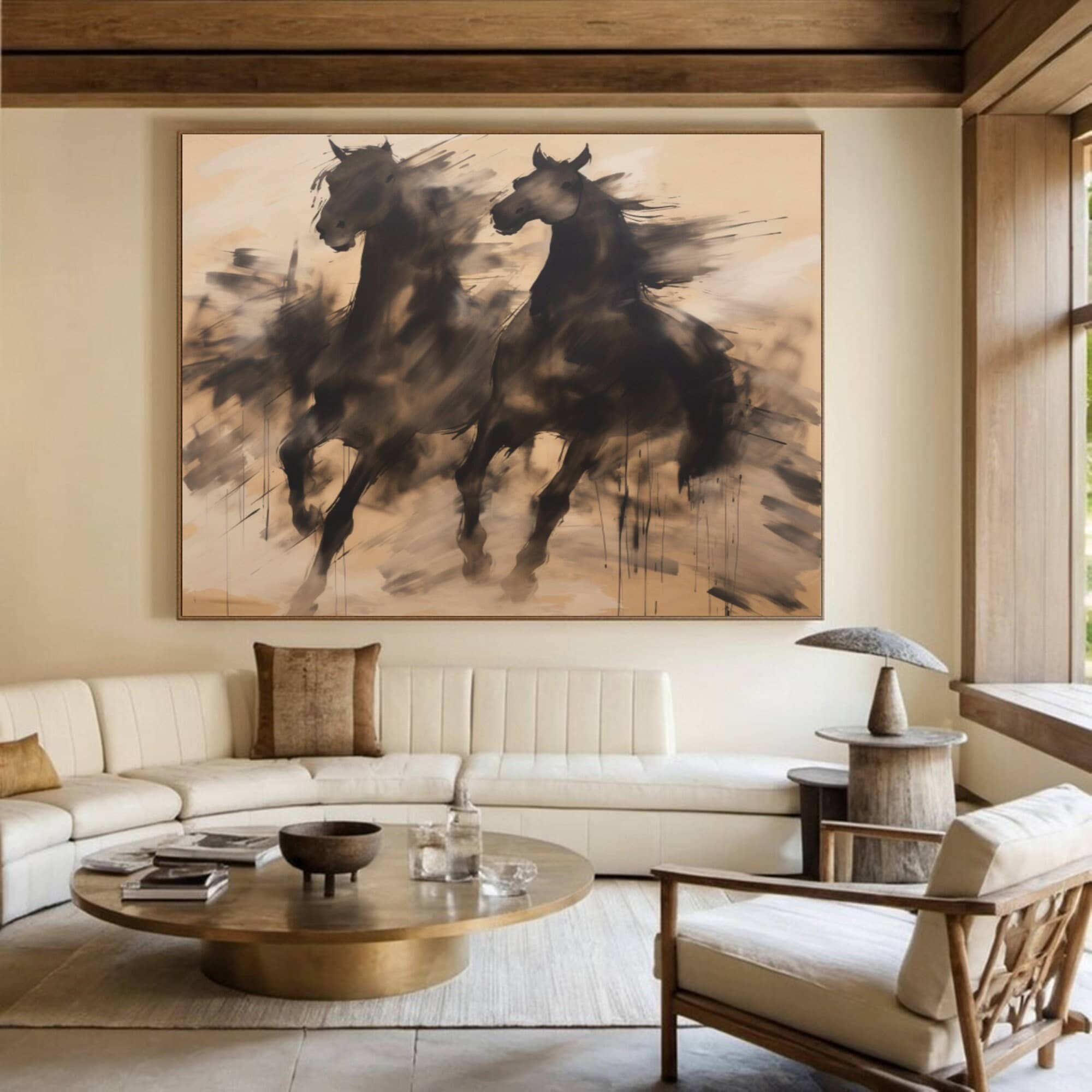 キャンバスに描かれた質感のある馬の絵画：ベージュブラウンの大きな