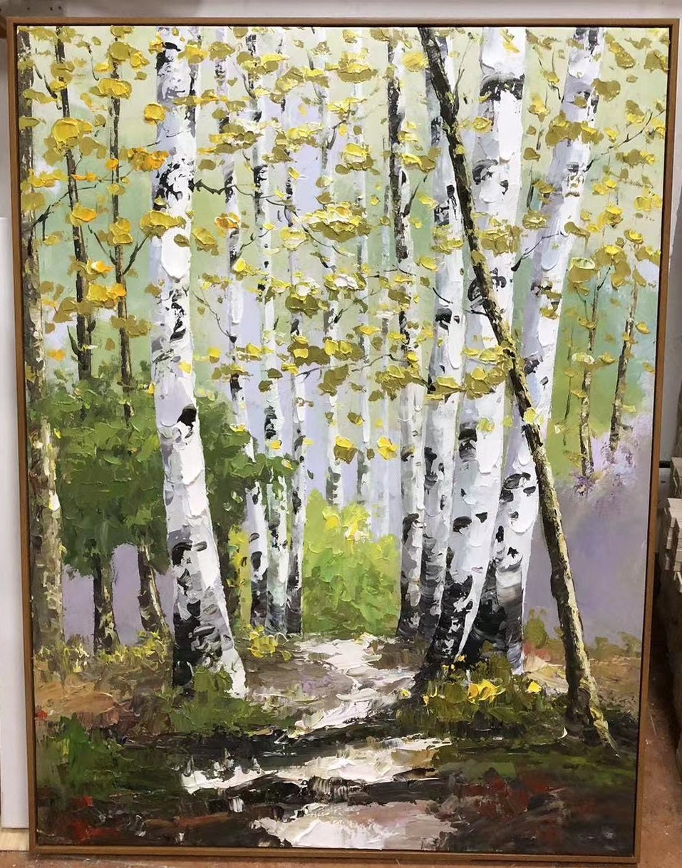 油彩　額装　出身　『ワレンチン　カザチョク』画　夏風景　白樺の木 油彩 額装 出身 『ワレンチン カザチョク』画 夏風景 白樺の木 油彩