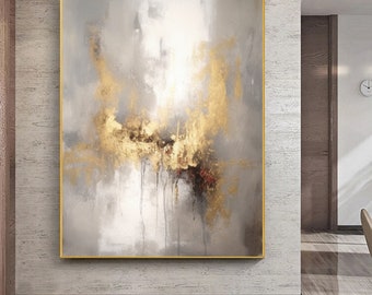 Large Beige & Gold Abstract Painting: Black and Gold Wall Art