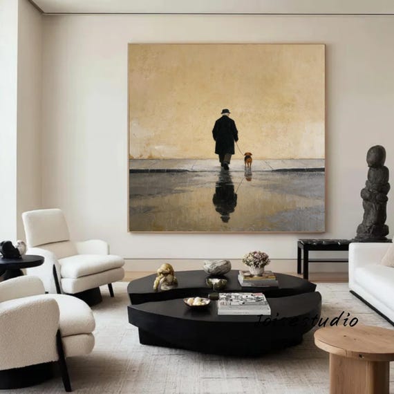 Abstract People& Dog Oil Painting Larg Beige Wall Art Old Man Walking with Dog Neutral Hand-Painted Minimalist Canvas Art for Living Room