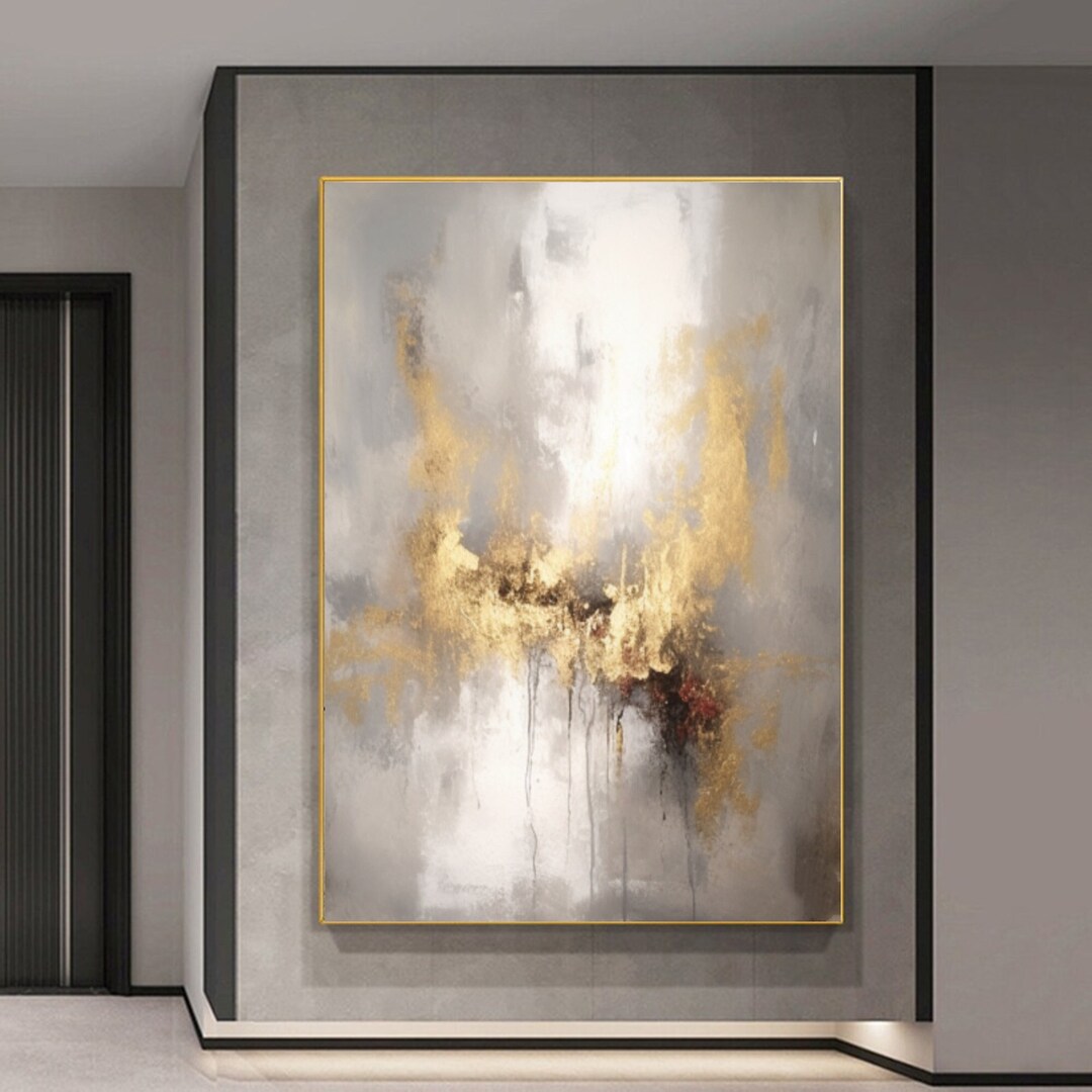 Large Gray and Gold Abstract Painting on Canvas Original Beige and Gray