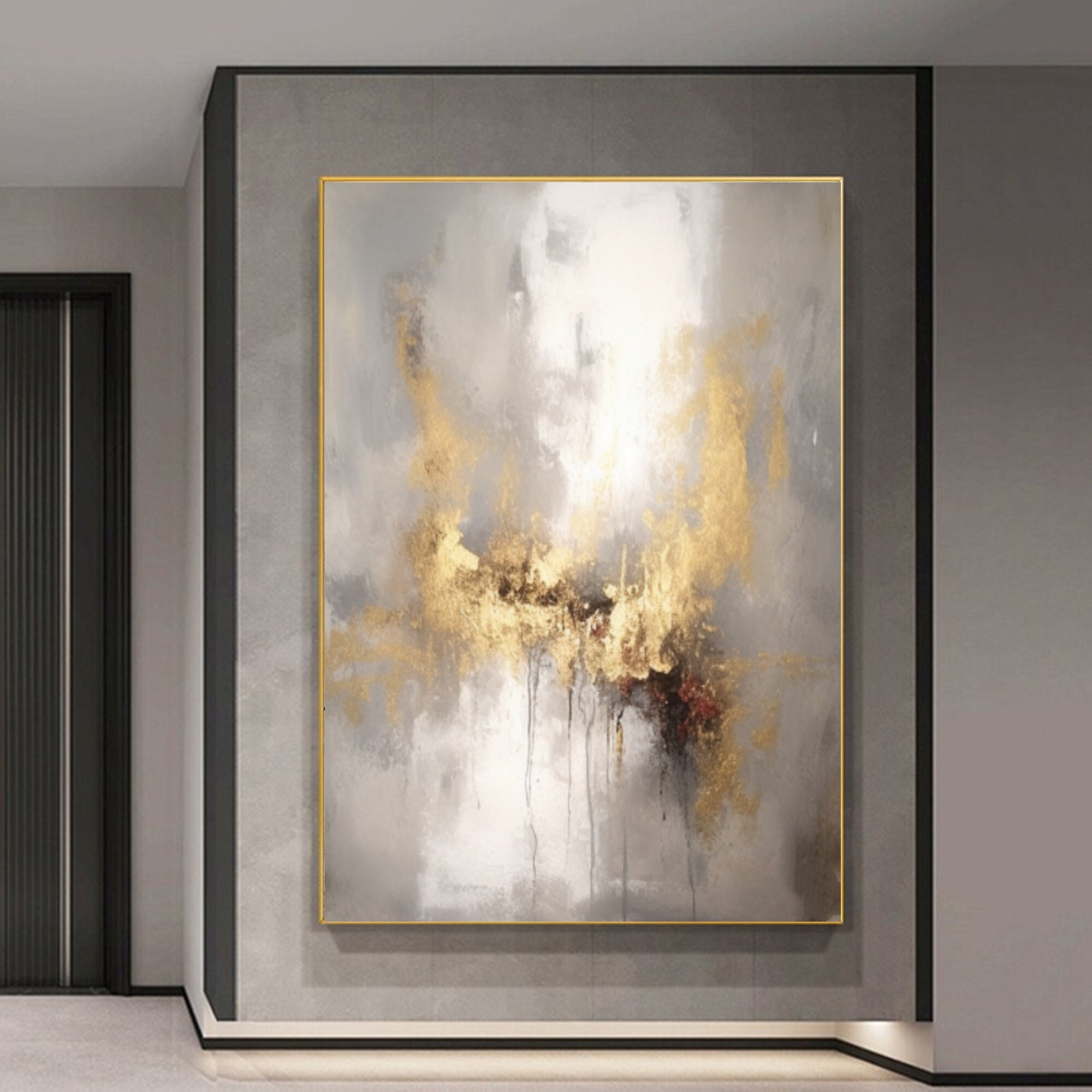 ベージュとゴールドの大きな抽象画：黒とゴールドの壁掛けアート