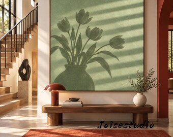 Soft Green Tulip Vase Impasto Art, Minimal Floral Silhouette, Square Wall Art for Living Room