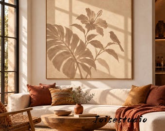 Wabi Sabi Botanical Impasto Artwork, Taupe Hibiscus Flower, Monstera Leaf & Bird, Warm Neutral Large Wall Decor
